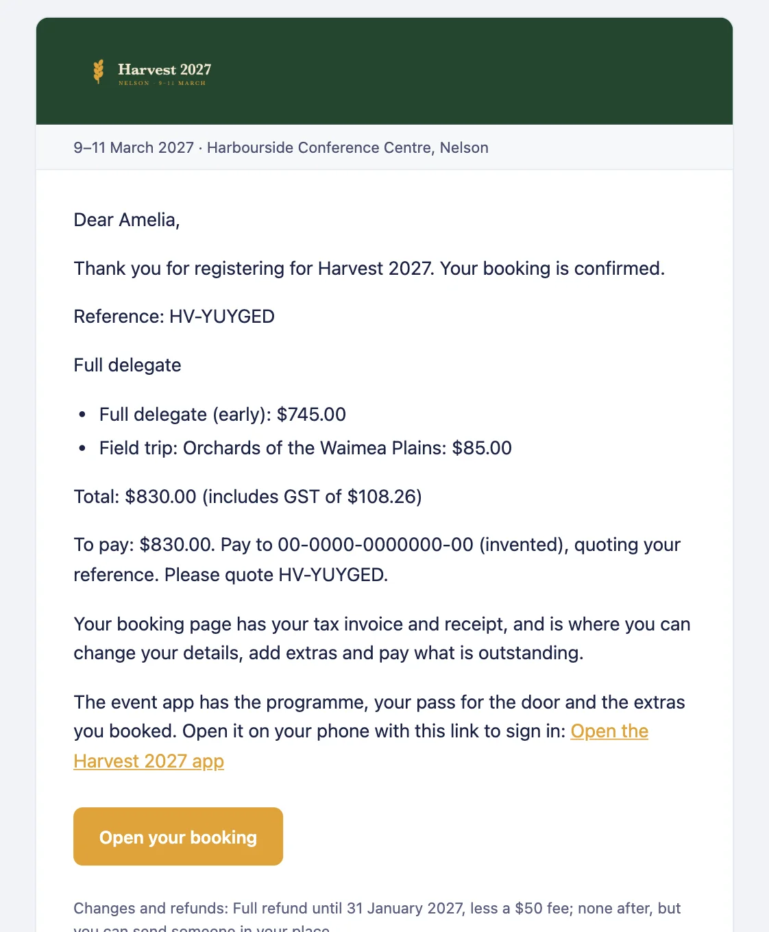 A Harvest 2027 confirmation email in the event’s colours, listing the registration and field trip, the total with GST, and how to pay.